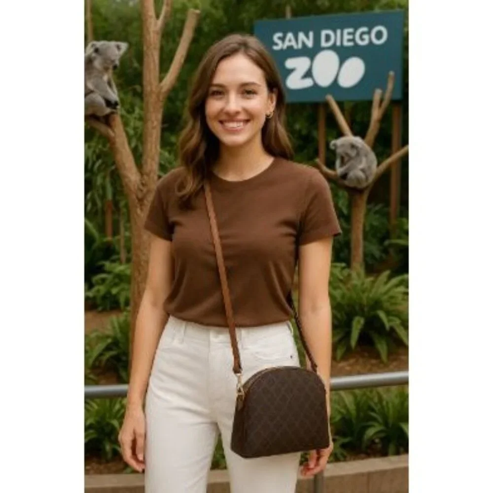 Nanette Lepore Brown Patterned Crossbody Bag Adjustable Strap Gold Hardware